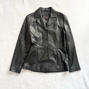 Vintage Black 100% Leather Button-Up Jacket Women’s Size Small